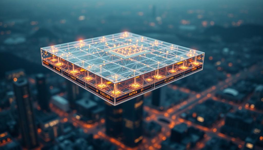 A High-Tech Decentralized Ledger System Float Above A Cityscape, Its Intricate Blockchain Network Illuminated By Warm Ambient Lighting. Sleek And Futuristic In Design, The Ledger Represents The Secure Authentication Of Digital Pr Content, Its Transparent Architecture Symbolizing The Integrity And Trustworthiness Of The Verification Process. Subtle Lens Flares And Depth Of Field Emphasize The Technological Sophistication, While A Muted Color Palette Conveys A Sense Of Authority And Professionalism. The Scene Evokes The Importance Of Blockchain Technology In Establishing The Authenticity Of Pr Materials In The Digital Age.