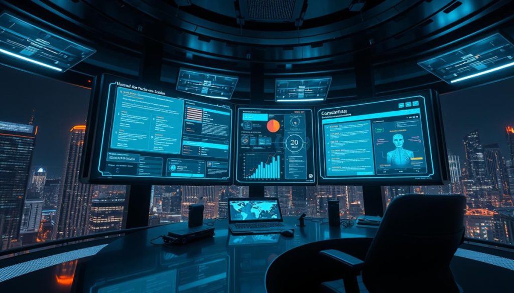 A High-Tech Digital Command Center With Ai Content Detection Tools Displayed On A Series Of Large Holographic Screens. The Screens Show Advanced Algorithms Analyzing And Flagging Potential Instances Of Ai-Generated Misinformation, With Sleek User Interfaces And Sophisticated Data Visualizations. The Lighting Is Cool And Futuristic, Creating An Atmosphere Of Technological Prowess And Vigilance Against The Spread Of Fake Content. The Scene Is Captured From A Low, Dramatic Angle To Emphasize The Scale And Importance Of The Tools, Set Against A Backdrop Of Futuristic Skyscrapers And A Night Sky Illuminated By Glowing Cityscapes.