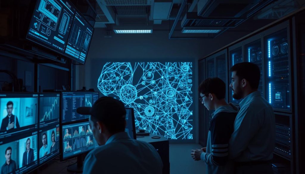 A High-Tech Digital Forensics Laboratory, Dimly Lit By A Bank Of Monitors Displaying Various Analytical Tools. In The Foreground, A Team Of Experts Scrutinize A Series Of Video Frames, Meticulously Searching For Subtle Discrepancies That Could Indicate The Presence Of A Deepfake. The Middle Ground Features Advanced Image Processing Algorithms And Neural Networks, Visualized As Intricate Webs Of Data. In The Background, A Towering Server Rack Hums With The Processing Power Necessary To Detect Even The Most Sophisticated Deepfake Threats, Casting A Cool, Technological Glow Over The Scene. The Overall Atmosphere Conveys A Sense Of Vigilance, Cutting-Edge Technology, And A Relentless Pursuit To Safeguard Digital Authenticity.