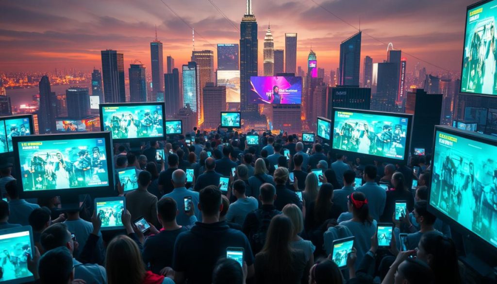 A High-Tech Digital Landscape With A Central Focus On Vibrant Social Media Platforms. The Foreground Features An Array Of Interactive Screens, Smartphones, And Tablets, Each Showcasing Dynamic Social Media Marketing Campaigns. The Middle Ground Depicts A Diverse Crowd Of Engaged Users, Their Faces Illuminated By The Glow Of Their Devices. In The Background, A Futuristic City Skyline With Towering Skyscrapers And Neon-Lit Billboards Creates An Immersive, Tech-Savvy Atmosphere. The Overall Scene Conveys The Powerful Impact And Widespread Influence Of Social Media Marketing Campaigns In The Digital Age, Captured Through A Cinematic, High-Resolution Lens.