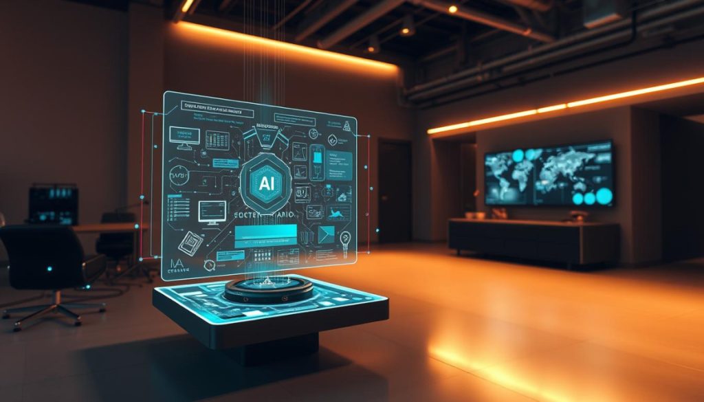 A High-Tech, Futuristic Scene Showcasing The Power Of Ai-Driven Context Augmentation. In The Foreground, A Sleek, Holographic Display Projects Dynamic, Contextually-Relevant Information, Seamlessly Integrated With The User'S Digital Environment. In The Middle Ground, A Network Of Interconnected Devices And Sensors Collects And Analyzes Real-Time Data, Powering The Context Augmentation. The Background Features A Clean, Minimalist Interior With Muted Tones, Hinting At The Sophisticated Technology At Work. Warm, Directional Lighting Illuminates The Scene, Creating A Sense Of Depth And Atmosphere. The Overall Impression Is One Of Advanced, Intuitive Technology That Enhances The User'S Experience And Understanding Of The World Around Them.