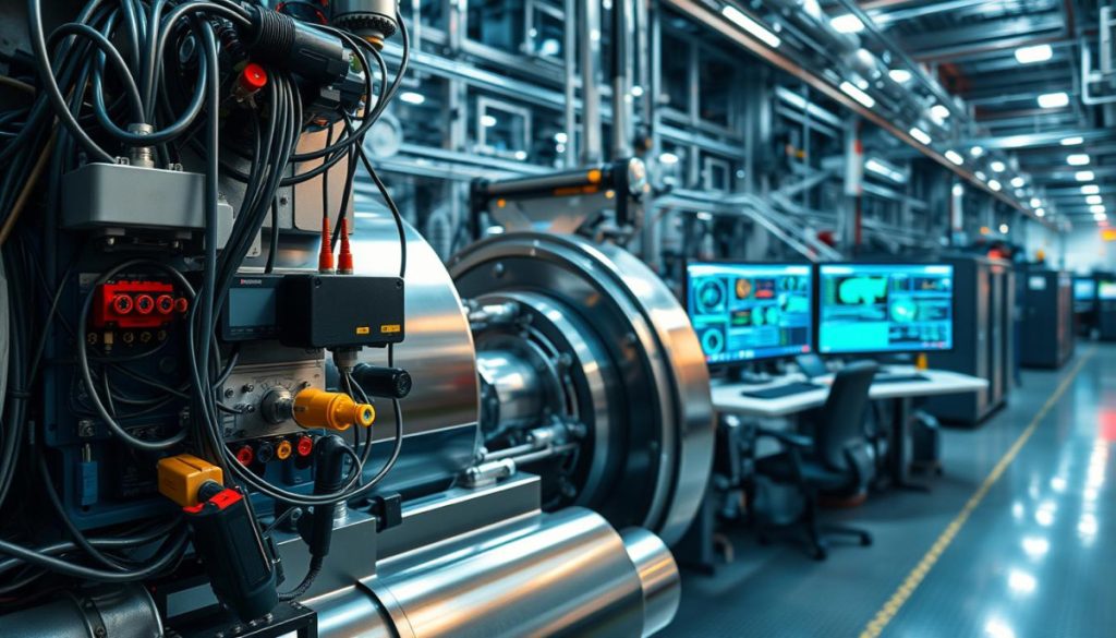 A High-Tech Industrial Facility, Gleaming With Polished Steel And Glowing Displays. In The Foreground, A Complex Array Of Condition Monitoring Sensors Are Meticulously Installed On A Large Industrial Machine, Their Intricate Network Of Cables And Interfaces Capturing Vital Data In Real-Time. The Middle Ground Features A Bank Of Computer Monitors, Their Screens Showcasing Vibrant Visualizations And Diagnostic Readouts, Allowing Technicians To Analyze The Machine'S Performance With Precision. Subtle Backlighting Illuminates The Scene, Casting A Warm, Technical Glow That Accentuates The Advanced Instrumentation. The Overall Atmosphere Exudes A Sense Of Technological Sophistication, Reflecting The Crucial Role Of Condition Monitoring In Maintaining The Efficiency And Reliability Of Industrial Operations. A High-Tech Industrial Facility, Gleaming With Polished Steel And Glowing Displays. In The Foreground, A Complex Array Of Condition Monitoring Sensors Are Meticulously Installed On A Large Industrial Machine, Their Intricate Network Of Cables And Interfaces Capturing Vital Data In Real-Time. The Middle Ground Features A Bank Of Computer Monitors, Their Screens Showcasing Vibrant Visualizations And Diagnostic Readouts, Allowing Technicians To Analyze The Machine'S Performance With Precision. Subtle Backlighting Illuminates The Scene, Casting A Warm, Technical Glow That Accentuates The Advanced Instrumentation. The Overall Atmosphere Exudes A Sense Of Technological Sophistication, Reflecting The Crucial Role Of Condition Monitoring In Maintaining The Efficiency And Reliability Of Industrial Operations.