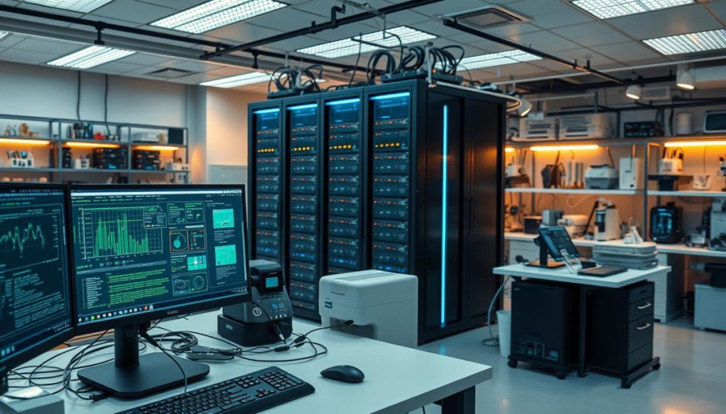 A High-Tech Laboratory Workspace With A Sleek, Modern Aesthetic. In The Foreground, A Sophisticated Computer Workstation With Multiple Displays Showcases Complex Algorithms And Data Visualizations. In The Middle Ground, A State-Of-The-Art Server Array Pulses With Activity, Symbolizing The Computational Power Behind Ai Model Optimization. The Background Is Filled With An Array Of Scientific Instruments, 3D Printers, And Other Advanced Technology, Creating An Atmosphere Of Cutting-Edge Innovation. Warm, Soft Lighting Illuminates The Scene, Casting A Contemplative Glow Over The Entire Setup. The Overall Impression Is One Of Focused, Meticulous Optimization - A Harmonious Blend Of Human Expertise And Machine Intelligence.