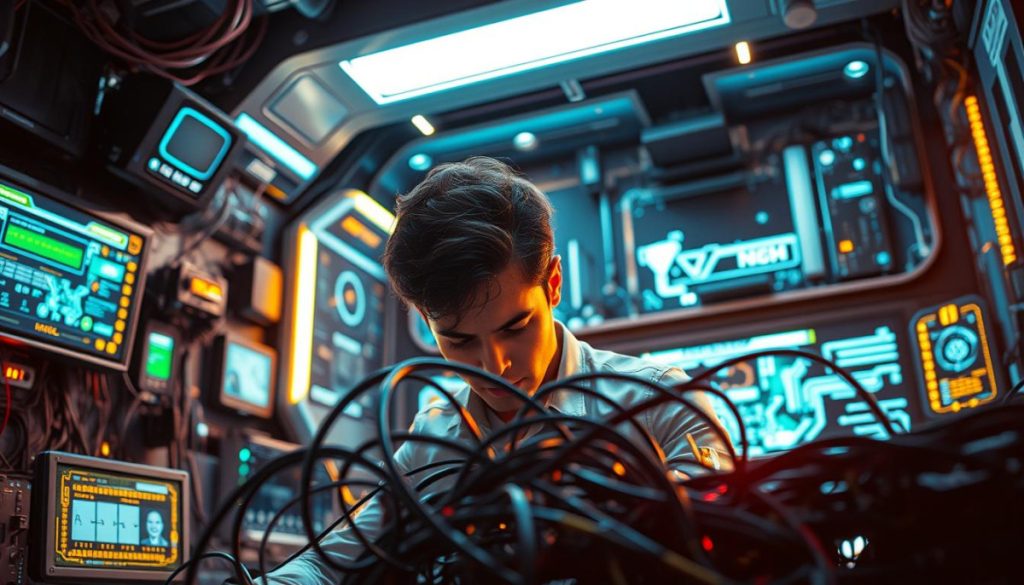 A High-Tech Workspace Filled With Futuristic Displays, Intricate Circuitry, And The Glow Of Digital Interfaces. In The Foreground, A Determined Individual Navigates A Complex Tangle Of Cables, Problem-Solving With A Focused Expression, Overcoming Technological Challenges With A Sense Of Determination. The Lighting Is Warm And Focused, Casting Dramatic Shadows That Accentuate The Drama Of The Scene. The Background Is A Blend Of Sleek, Minimalist Design Elements And The Subtle Hum Of Technological Progress, Creating An Atmosphere Of Innovation And Problem-Solving.