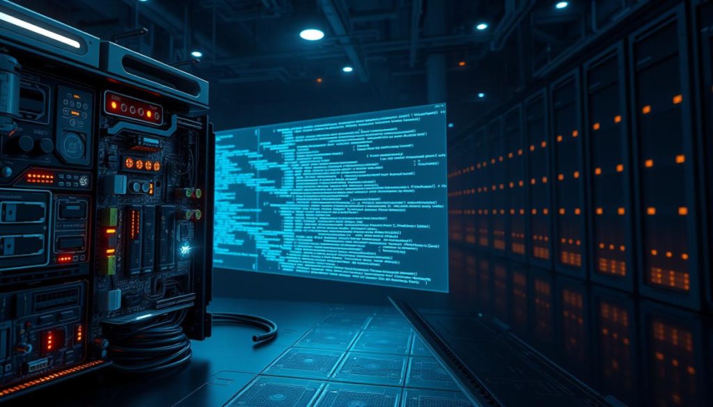 A Highly Detailed And Meticulously Rendered Image Of A Futuristic Ai Code Generation Model. The Foreground Features A Sleek, Modular Hardware Interface With Intricate Circuit Boards, Glowing Indicator Lights, And Complex Input/Output Ports. The Middle Ground Showcases A Holographic Display Projecting Dynamic Lines Of Code, Algorithms, And Data Visualizations. In The Background, A Shadowy Technological Landscape With Towering Server Towers, Data Cables, And A Moody, Atmospheric Lighting Create A Sense Of Advanced, Cutting-Edge Innovation. The Overall Mood Is One Of Power, Precision, And The Awe-Inspiring Capabilities Of Modern Ai-Driven Software Development.