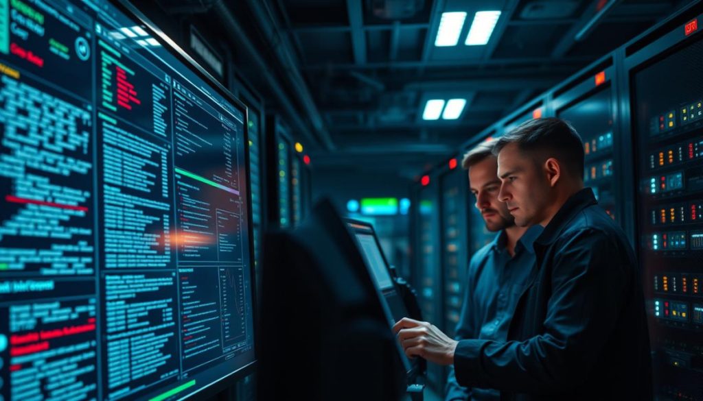 A Highly Detailed, Cinematic Scene Showcasing A Security Compliance Audit Log System. In The Foreground, A Sleek, Ultramodern Computer Interface Displays A Sophisticated Real-Time Monitoring Dashboard, With Lines Of Data Scrolling Across Multiple High-Resolution Screens. In The Middle Ground, A Team Of Cybersecurity Experts Closely Analyze The Information, Their Expressions Intense As They Assess Potential Threats. The Background Is A Dimly Lit Server Room, Filled With The Soft Whirring Of Cooling Fans And Blinking Indicator Lights, Conveying A Sense Of Technological Complexity And Gravity. Dramatic, Directional Lighting Casts Dramatic Shadows, Heightening The Atmosphere Of Importance And Authority. The Overall Mood Is One Of Vigilance, Professionalism, And The Critical Importance Of Robust Security Compliance Audit Logging Systems.