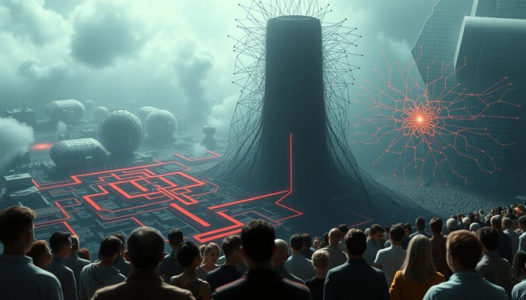 A Highly Detailed, Cinematic View Of An Ai Algorithm Displaying Clear Biases. In The Foreground, A Towering, Hyper-Realistic Neural Network Structure Casts An Ominous Shadow Over A Diverse Group Of People, Representing The Varying Impacts Of Algorithmic Bias. The Middle Ground Features A Maze-Like Landscape Of Data Flows And Decision Points, With Certain Pathways Highlighted In Red, Indicating Unfair Prioritization. In The Distant Background, A Storm Of Binary Code And Fragmented Information Swirls, Hinting At The Complexity And Opacity Of The Underlying Systems. The Scene Is Lit By A Cold, Directional Light, Creating A Sense Of Unease And Unbalance, Conveying The Ethical Concerns Surrounding Ai-Driven Pr And Its Potential For Disproportionate Impact. A Highly Detailed, Cinematic View Of An Ai Algorithm Displaying Clear Biases. In The Foreground, A Towering, Hyper-Realistic Neural Network Structure Casts An Ominous Shadow Over A Diverse Group Of People, Representing The Varying Impacts Of Algorithmic Bias. The Middle Ground Features A Maze-Like Landscape Of Data Flows And Decision Points, With Certain Pathways Highlighted In Red, Indicating Unfair Prioritization. In The Distant Background, A Storm Of Binary Code And Fragmented Information Swirls, Hinting At The Complexity And Opacity Of The Underlying Systems. The Scene Is Lit By A Cold, Directional Light, Creating A Sense Of Unease And Unbalance, Conveying The Ethical Concerns Surrounding Ai-Driven Pr And Its Potential For Disproportionate Impact.