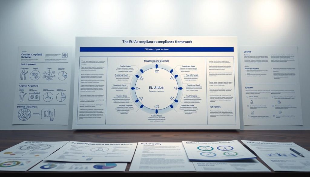 A Highly Detailed, Hyperrealistic Illustration Of The Eu Ai Act Compliance Framework. The Image Features A Central Diagram Depicting The Various Risk Categories And Regulatory Requirements. Intricate Technical Diagrams, Charts, And Guidelines Are Arranged In The Foreground, With A Clean, Minimalist Background Showcasing The Legislative And Policy Context. Soft, Indirect Lighting Illuminates The Scene, Creating A Sense Of Authority And Professionalism. The Composition Is Balanced And Visually Appealing, Guiding The Viewer'S Attention To The Key Elements Of The Framework. The Level Of Detail And Technical Accuracy Effectively Conveys The Complexities Of The Eu Ai Act And Its Implications For Businesses.