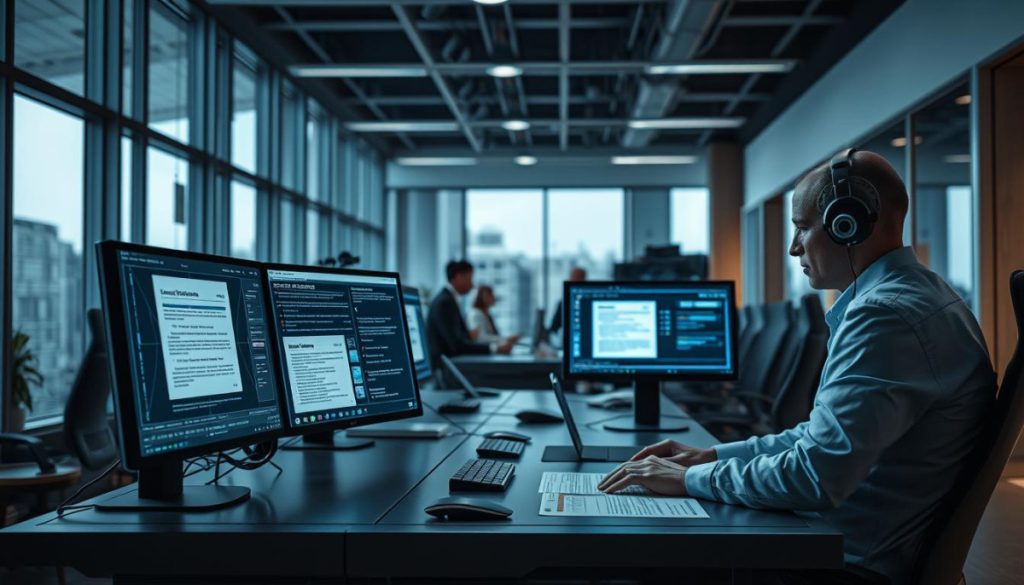 A Highly Detailed, Hyperrealistic Scene Depicting The Automated Document Verification Process. In The Foreground, A Sleek, Futuristic-Looking Workstation With Multiple High-Resolution Screens Displaying Various Stages Of The Verification Workflow. Sophisticated Ai-Powered Algorithms Analyze Documents, Extracting Key Data Points And Verifying Authenticity Against Secure Databases. In The Middle Ground, A Team Of Analysts Meticulously Monitors The Process, Their Faces Illuminated By The Soft Glow Of The Displays. The Background Showcases A Modern, Minimalist Office Environment With Floor-To-Ceiling Windows, Allowing Natural Light To Flood The Space. The Overall Atmosphere Is One Of Efficiency, Technological Prowess, And A Seamless Digital Transformation That Empowers Businesses To Securely Validate Critical Documents.