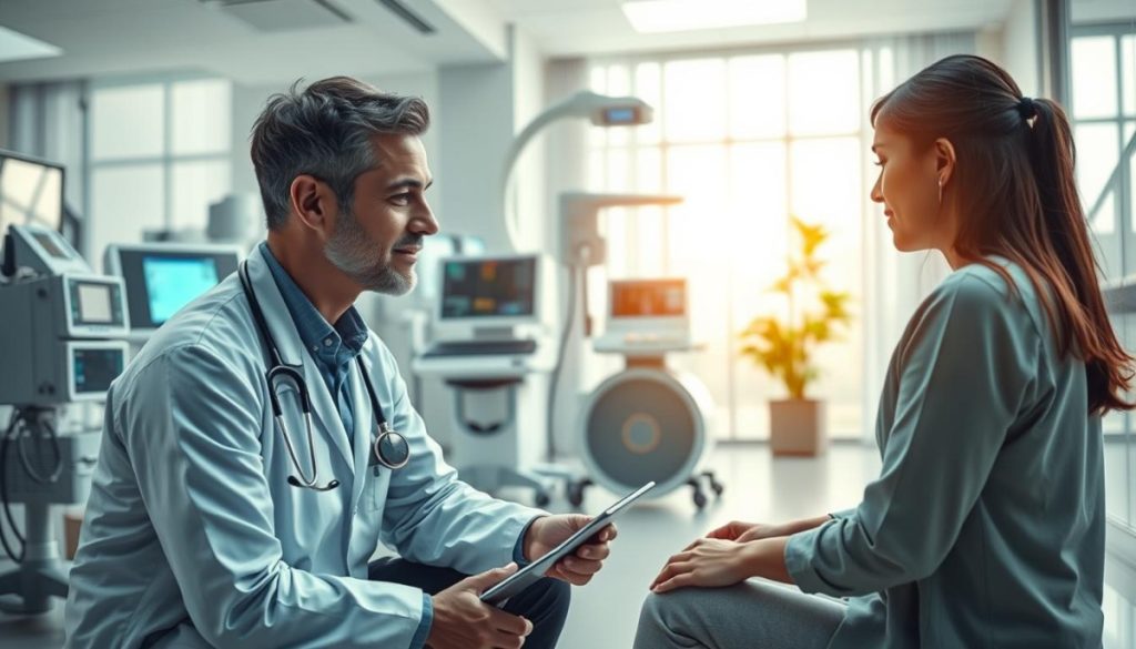 A Highly Detailed, Hyperrealistic Scene Showcasing Patient-Centered Healthcare Solutions. In The Foreground, A Caring Physician Kneels Beside A Patient, Explaining Treatment Options With Empathy And Transparency. The Middle Ground Features An Array Of Cutting-Edge Medical Devices And Technologies, Seamlessly Integrated To Provide Personalized, Holistic Care. In The Background, A Serene, Modern Clinic Environment Exudes A Sense Of Comfort And Trust, With Abundant Natural Light And Soothing Color Palettes. The Overall Atmosphere Conveys A Harmonious Balance Between Advanced Medical Capabilities And A Deeply Human, Compassionate Approach To Healthcare.