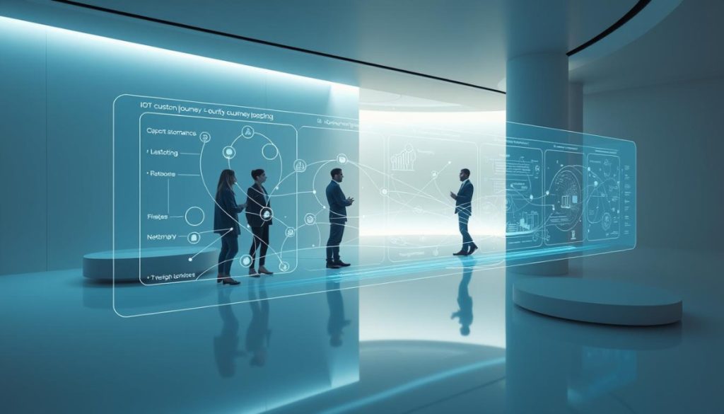 A Highly Detailed, Immersive Illustration Of An Iot Customer Journey Mapping. Set In A Minimalist, Futuristic Interior With Clean Lines And Sleek, Polished Surfaces. In The Foreground, A Holographic Display Showcases The Various Stages Of The Iot Customer Journey, With Interconnected Nodes And Pathways. The Middle Ground Features A Group Of Professionals Engrossed In Discussing The Mapping, Captured In A Dynamic, Collaborative Pose. The Background Is A Serene, Serene Environment With Muted Colors And Subtle Lighting, Creating A Sense Of Contemplation And Focus. The Overall Scene Conveys A Sense Of Innovation, Precision, And A Deep Understanding Of The Iot Customer Experience. A Highly Detailed, Immersive Illustration Of An Iot Customer Journey Mapping. Set In A Minimalist, Futuristic Interior With Clean Lines And Sleek, Polished Surfaces. In The Foreground, A Holographic Display Showcases The Various Stages Of The Iot Customer Journey, With Interconnected Nodes And Pathways. The Middle Ground Features A Group Of Professionals Engrossed In Discussing The Mapping, Captured In A Dynamic, Collaborative Pose. The Background Is A Serene, Serene Environment With Muted Colors And Subtle Lighting, Creating A Sense Of Contemplation And Focus. The Overall Scene Conveys A Sense Of Innovation, Precision, And A Deep Understanding Of The Iot Customer Experience.