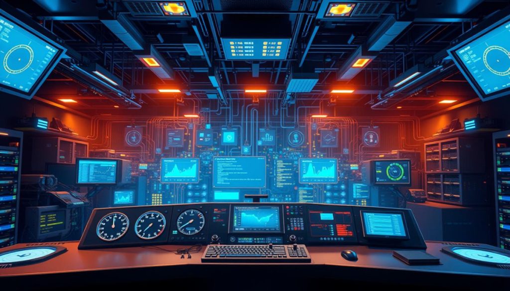 A Highly Detailed, Photorealistic Digital Illustration Of An &Quot;Operational Stability Framework&Quot; For A Financial Institution. The Scene Depicts A Central Control Panel With Various Dials, Gauges, And Screens Displaying Real-Time Data And Analytics. In The Background, A Complex Network Of Interconnected Servers, Databases, And Communication Systems Is Visible, All Working In Harmony To Maintain A Stable And Secure Digital Infrastructure. The Lighting Is Dramatic, With A Combination Of Warm Overhead Lighting And Cool, Blue Accent Lighting, Creating A Sense Of Technological Sophistication And Precision. The Overall Mood Is One Of Confidence, Reliability, And Unwavering Digital Resilience.