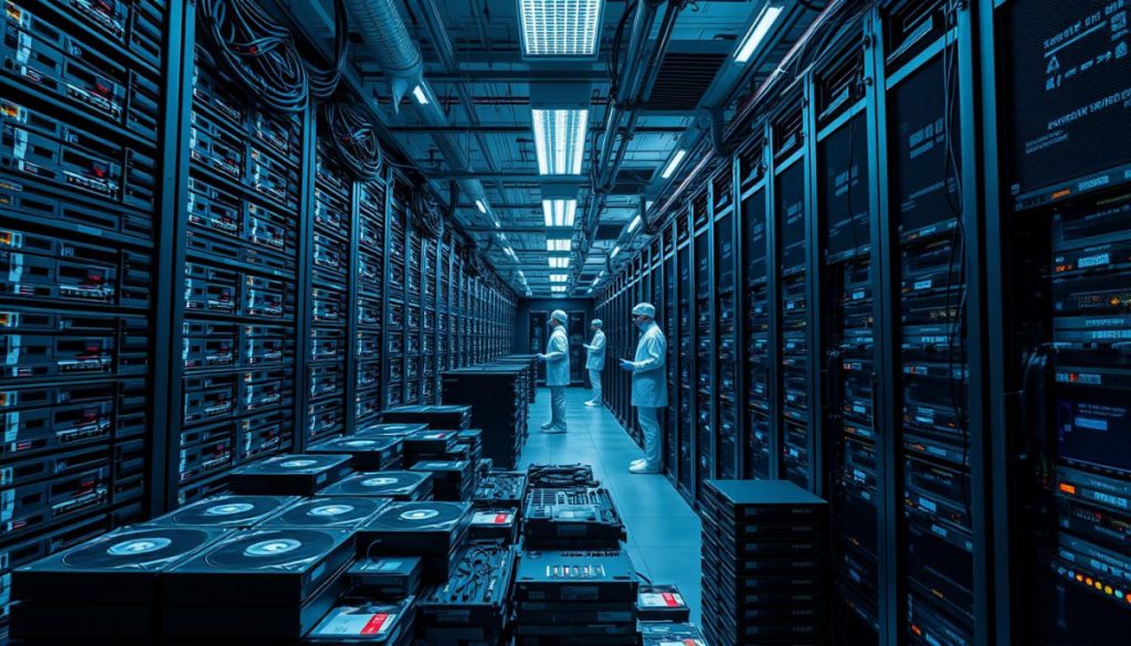 A Highly Detailed, Photorealistic Image Of An Expansive Data Center Filled With Stacks Of Server Racks, Each Displaying Various Types Of Digital Training Datasets For Machine Learning Models. The Foreground Features A Collection Of Neatly Organized Hard Drives, Usb Drives, And Memory Cards, Showcasing The Diversity Of Data Sources. In The Middle Ground, Technicians In Clean-Room Attire Meticulously Maintain The Servers, Ensuring Optimal Performance. The Background Is Dominated By A Complex Network Of Cables, Blinking Lights, And Cooling Systems, Creating A Sense Of Technical Complexity. The Lighting Is Cool And Consistent, Emphasizing The Clinical, Highly-Controlled Environment. The Overall Atmosphere Conveys The Importance Of High-Quality, Well-Curated Data In Modern Machine Learning Applications.