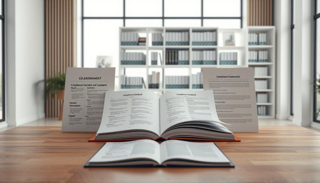 A Highly Detailed, Photorealistic Image Of Multiple Compliance Frameworks Displayed In A Minimalist, Elegant Office Setting. In The Foreground, A Wooden Desk Holds Several Open Books And Documents Showcasing Various Compliance Standards And Regulations. The Middle Ground Features A Clean, White Bookshelf Filled With Binders And Folders, Representing A Comprehensive Library Of Compliance Resources. The Background Depicts Floor-To-Ceiling Windows, Allowing Natural Light To Pour In And Create A Serene, Professional Atmosphere. The Lighting Is Soft And Diffused, Highlighting The Intricate Textures Of The Materials. The Composition Emphasizes The Importance And Organization Of Compliance Frameworks Within A Modern, Well-Appointed Workspace.