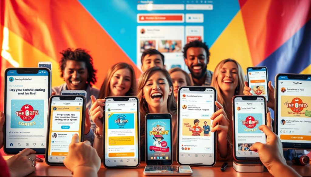 A Highly Engaging Social Media Contest Set Against A Vibrant, Colorful Backdrop. In The Foreground, An Assortment Of Modern Digital Devices, Such As Smartphones And Tablets, Display Various Contest Elements - Eye-Catching Graphics, Interactive Prompts, And Prize Information. The Middle Ground Features A Diverse Group Of Users Actively Participating, Their Expressions Animated With Excitement. In The Background, A Stylized Social Media Platform Interface Provides A Dynamic, Tech-Savvy Aesthetic. Warm, Natural Lighting Illuminates The Scene, Creating A Sense Of Energy And Enthusiasm. The Overall Mood Conveys A Fun, Immersive Digital Experience That Encourages Maximum User Engagement.