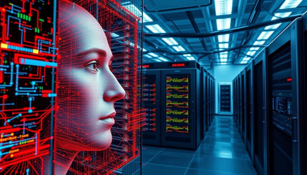 A Hyper-Realistic Digital Illustration Depicting The Inner Workings Of Advanced Deepfake Detection Technology. In The Foreground, A High-Resolution Facial Scan Is Analyzed By A Sophisticated Neural Network, With Complex Algorithms Visualized As A Kaleidoscope Of Colorful Data Streams. In The Middle Ground, A Panoramic View Showcases The Hardware Powering This Cutting-Edge System, Featuring Sleek Server Racks And Precision Instrumentation. The Background Bathes The Scene In A Cool, Clinical Lighting, Conveying The Precision And Technical Prowess Required To Combat The Growing Threat Of Malicious Deepfakes. The Overall Atmosphere Exudes A Sense Of Both Scientific Rigor And The Critical Importance Of This Emerging Field Of Digital Forensics.