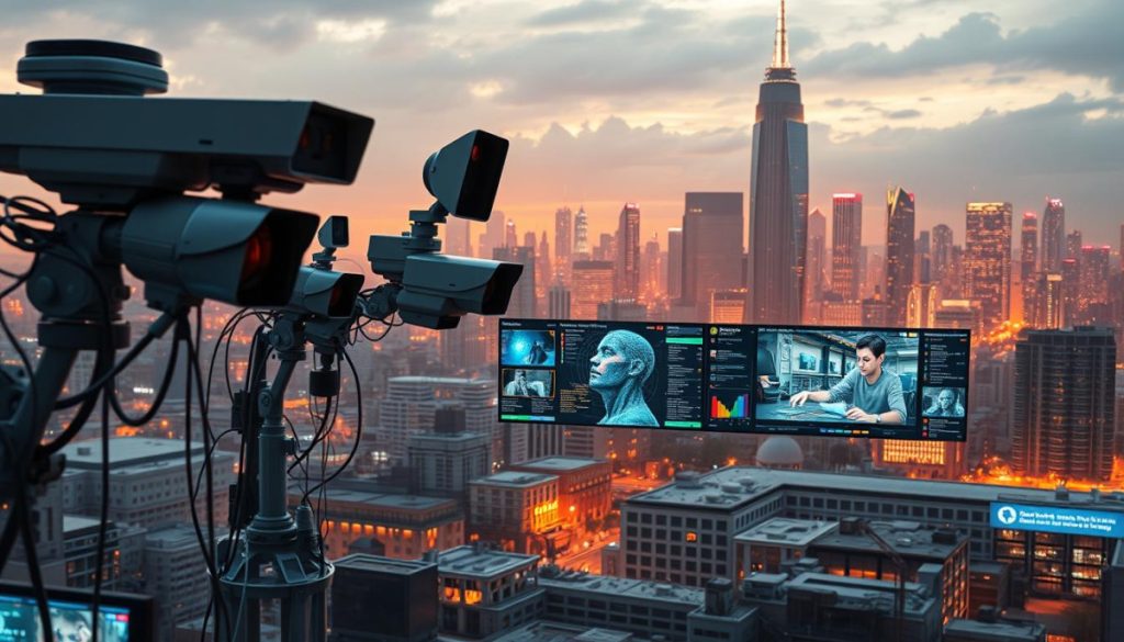A Hyper-Realistic, High-Resolution Image Of Advanced Ai Detection Systems Operating In A Modern Digital Environment. In The Foreground, An Array Of Sophisticated Cameras, Sensors, And Detection Algorithms Carefully Analyze Various Digital Content. The Middle Ground Features A Complex Visualization Interface, With Real-Time Data Analysis And Anomaly Detection Displayed On A Series Of Sleek, High-Resolution Screens. In The Background, A Futuristic Cityscape With Towering Skyscrapers And A Vibrant, Neon-Tinged Skyline Sets The Stage For This Cutting-Edge Technology. The Scene Is Bathed In A Warm, Diffused Lighting, Creating A Sense Of Depth And Technical Prowess. The Overall Atmosphere Conveys The Critical Importance Of Effective Deepfake Detection In Today'S Rapidly Evolving Digital Landscape.
