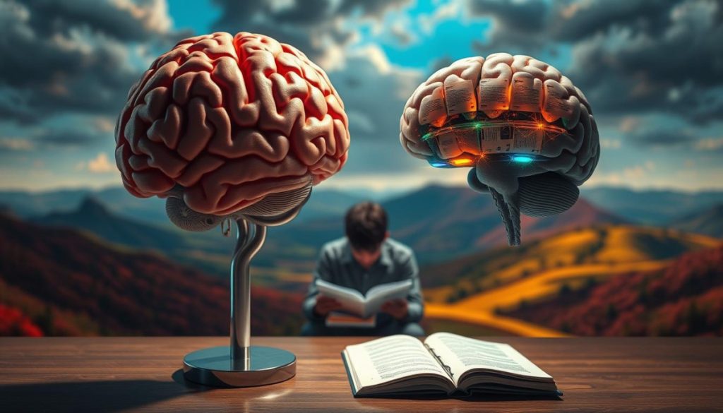 A Hyper-Realistic Illustration Depicting The Dual-Coding Theory Of Visual Information Retention. In The Foreground, A Human Brain Model With Two Distinct Hemispheres, One Processing Textual Data And The Other Visual Imagery. The Middle Ground Showcases A Person Studying Notes And Diagrams, With The Textual And Visual Elements Engaging Both Sides Of The Brain. The Background Features A Vibrant, Thought-Provoking Landscape That Evokes The Scientific And Psychological Nature Of The Subject Matter. Dramatic Lighting Casts Shadows That Emphasize The Interconnectedness Of The Cognitive Processes. Rendered With Meticulous Detail To Capture The Essence Of This Psychological Framework.