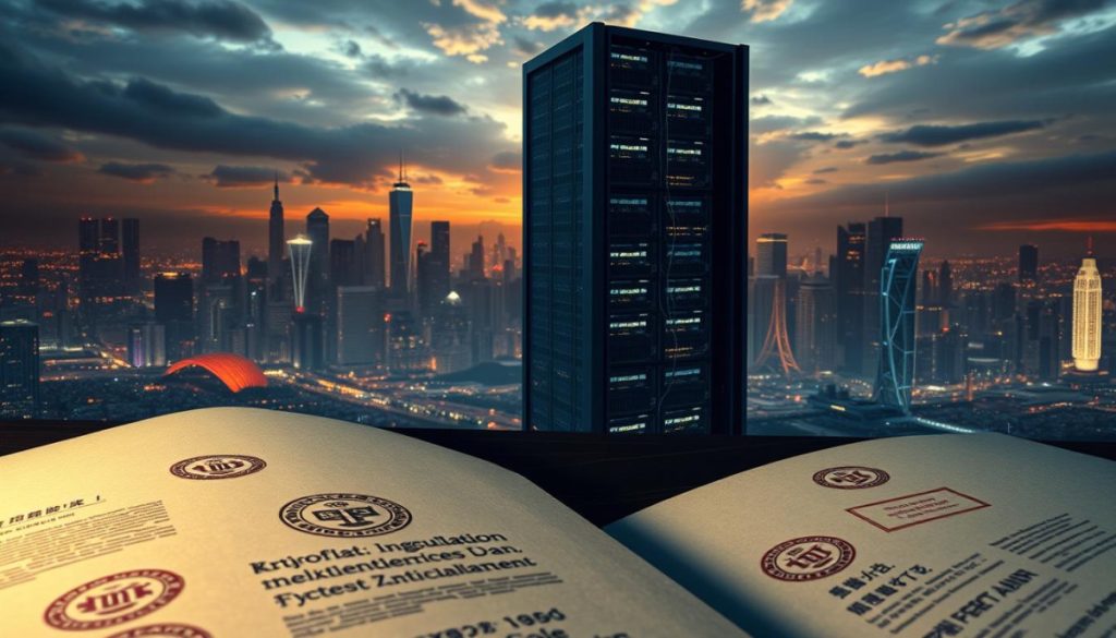 A Hyper-Realistic, Visually Striking Image Of Artificial Intelligence Regulations And Their Global Impact. In The Foreground, A Series Of Complex Legal Documents With Intricate Seals And Stamps, Representing The Regulatory Framework. In The Middle Ground, A Towering, Futuristic Data Center, Its Servers And Cables Symbolizing The Infrastructure Behind Ai Systems. In The Background, A Panoramic View Of Major Global Cities, Their Iconic Skylines Silhouetted Against A Dramatic, Moody Sky, Conveying The Worldwide Scope And Significance Of These Regulations. The Scene Is Illuminated By A Warm, Diffused Lighting, Lending A Sense Of Gravitas And Importance To The Subject Matter.