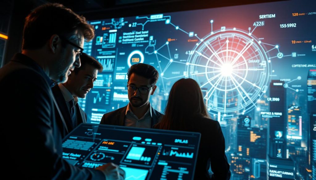 A Hyperrealistic, Cinematic Scene Depicting Real-World Examples Of Competitive Advantage. In The Foreground, A Team Of Executives Poring Over Detailed Data Visualizations On A Large Interactive Screen, Their Faces Illuminated By The Soft Glow Of The Display. In The Middle Ground, A Network Of Interconnected Data Streams And Databases, Flowing Seamlessly To Provide Real-Time Insights. The Background Showcases A Bustling, Futuristic Cityscape, Symbolizing The Dynamic, Fast-Paced Business Environment. Dramatic Lighting, High-Contrast Shadows, And A Depth Of Field That Draws The Viewer'S Eye To The Central Focus. The Overall Mood Conveys A Sense Of Strategic Advantage, Innovation, And The Power Of Real-Time Data Retrieval.