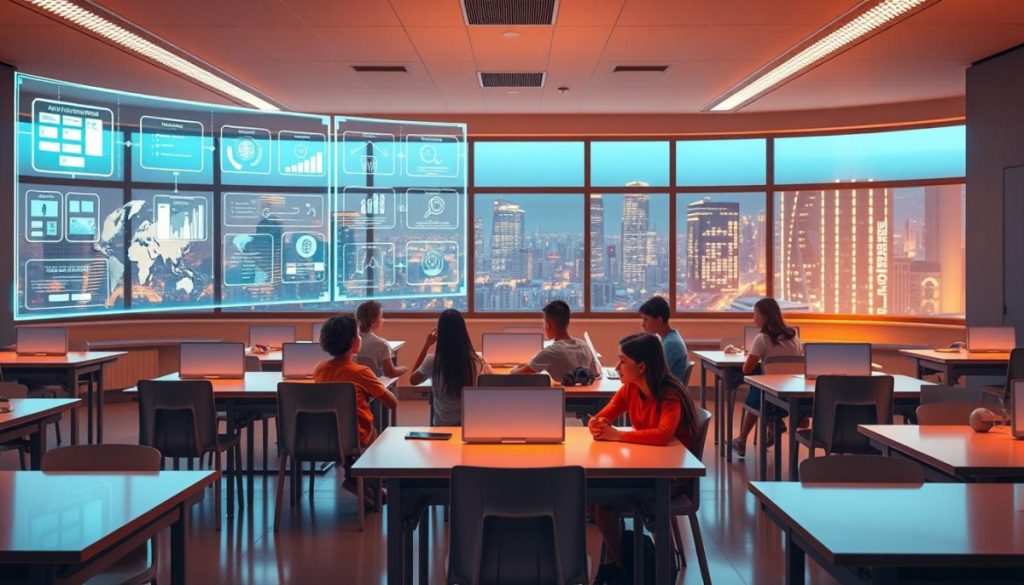 A Hyperrealistic Classroom With An Ai-Driven Education Model At Its Center. The Room Is Bathed In A Warm, Ambient Lighting, Illuminating The Sleek, Futuristic Desks And Chairs. In The Foreground, A Holographic Projection Displays Personalized Learning Modules, Dynamically Adjusting To The Needs Of Each Student. The Middle Ground Showcases A Group Of Students, Their Faces Alight With Engagement, As They Interact With The Ai-Powered System. In The Background, A Panoramic Window Offers A View Of A Bustling, Technologically Advanced Cityscape, Symbolizing The Integration Of This Innovative Educational Paradigm Within The Broader Societal Landscape. A Hyperrealistic Classroom With An Ai-Driven Education Model At Its Center. The Room Is Bathed In A Warm, Ambient Lighting, Illuminating The Sleek, Futuristic Desks And Chairs. In The Foreground, A Holographic Projection Displays Personalized Learning Modules, Dynamically Adjusting To The Needs Of Each Student. The Middle Ground Showcases A Group Of Students, Their Faces Alight With Engagement, As They Interact With The Ai-Powered System. In The Background, A Panoramic Window Offers A View Of A Bustling, Technologically Advanced Cityscape, Symbolizing The Integration Of This Innovative Educational Paradigm Within The Broader Societal Landscape.