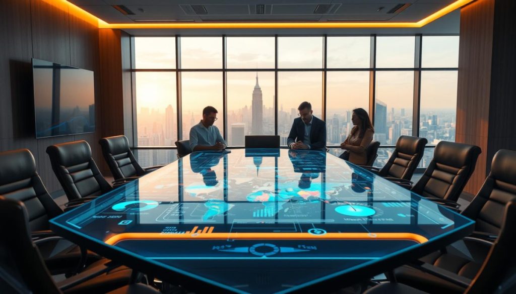 A Hyperrealistic Corporate Office Interior, Bathed In Warm Lighting. In The Foreground, A Sleek, Glass-Topped Conference Table With A Holographic Display Showcasing Colorful Data Visualizations. Surrounding The Table, Ergonomic Leather Chairs, And A Large Flatscreen Monitor On The Wall Behind. The Middle Ground Features A Team Of Business Professionals Intensely Analyzing The Data, Expressions Of Deep Focus. The Background Depicts A Panoramic City Skyline Visible Through Floor-To-Ceiling Windows, Symbolizing The Global, Data-Driven Growth Of The Enterprise. Fine Details, Such As Reflections On The Table'S Surface And Subtle Shadows, Lend A Sense Of Depth And Realism To The Scene. A Hyperrealistic Corporate Office Interior, Bathed In Warm Lighting. In The Foreground, A Sleek, Glass-Topped Conference Table With A Holographic Display Showcasing Colorful Data Visualizations. Surrounding The Table, Ergonomic Leather Chairs, And A Large Flatscreen Monitor On The Wall Behind. The Middle Ground Features A Team Of Business Professionals Intensely Analyzing The Data, Expressions Of Deep Focus. The Background Depicts A Panoramic City Skyline Visible Through Floor-To-Ceiling Windows, Symbolizing The Global, Data-Driven Growth Of The Enterprise. Fine Details, Such As Reflections On The Table'S Surface And Subtle Shadows, Lend A Sense Of Depth And Realism To The Scene.