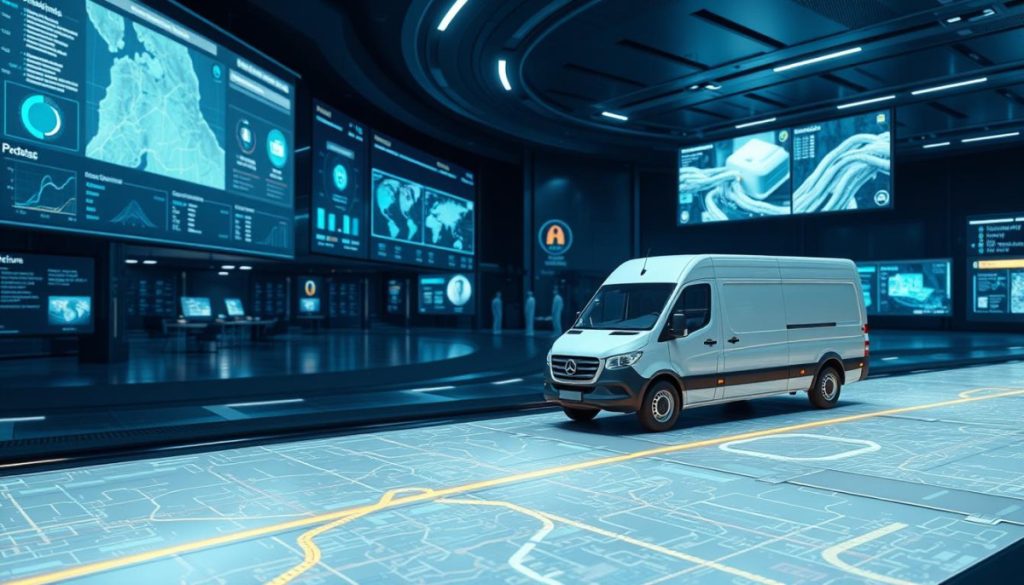 A Hyperrealistic, Detailed Visualization Of A Digitally Optimized Delivery Route Planning System. In The Foreground, A Projected Route Map With Optimal Path Highlighted, Data Visualizations, And Logistics Analytics. In The Middle Ground, A 3D Model Of A Delivery Van Navigating Through City Streets, With Traffic Data Feeds And Real-Time Route Adjustments. The Background Depicts A Futuristic, High-Tech Control Center With Panoramic Screens, Monitoring Dashboards, And Teams Of Analysts Optimizing Delivery Workflows. The Scene Is Bathed In A Cool, Blue-Tinted Lighting, Conveying A Sense Of Precision, Efficiency, And Technological Advancement.