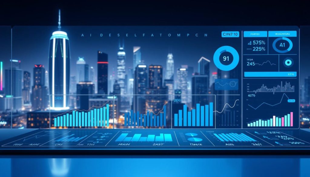 A Hyperrealistic Digital Dashboard Displaying A Variety Of Ai-Driven Metrics And Analytics. The Foreground Showcases A Sleek, Minimalist Interface With Neatly Arranged Data Visualizations, Charts, And Performance Indicators. The Middle Ground Features A Subtle 3D Depth, Creating A Sense Of Depth And Dimensionality. The Background Depicts A Futuristic Cityscape With Towering Skyscrapers, Glowing Neon Lights, And A Vibrant, Tech-Inspired Atmosphere. The Lighting Is Cool-Toned, With Strategic Highlights And Shadows To Accentuate The Digital Elements. The Overall Composition Conveys A Sense Of Technological Sophistication, Data-Driven Decision Making, And The Power Of Intelligent Measurements To Redefine Digital Success.
