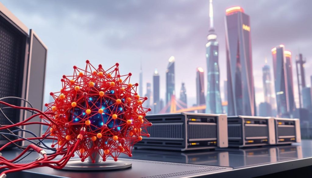 A Hyperrealistic Digital Painting Of State-Of-The-Art Machine Learning Models, Showcasing Their Complex Neural Network Architectures. The Foreground Features A Cluster Of Intricate, Interconnected Nodes And Layers, With Vivid Gradients And Textures That Convey Their Sophisticated Computational Power. The Middle Ground Depicts Sleek, Cutting-Edge Hardware Devices That House And Power These Models, Their Metallic Surfaces Reflecting The Studio Lighting. In The Background, A Futuristic Cityscape With Gleaming Skyscrapers And Advanced Infrastructure Symbolizes The Transformative Impact Of These Ai Technologies On Modern Businesses And Industries.