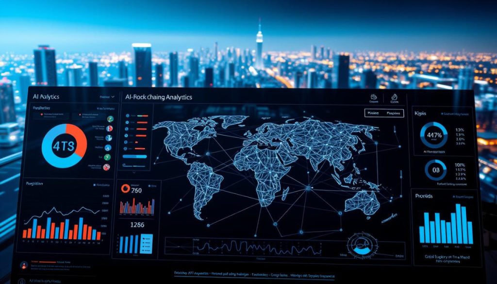 A Hyperrealistic, High-Resolution Image Depicting Ai-Powered Supply Chain Analytics. In The Foreground, An Intuitive Dashboard Displays Real-Time Data Visualizations, Including Interactive Charts, Graphs, And Kpis. In The Middle Ground, A 3D Model Of A Global Supply Chain Network Is Rendered With Precision, Showcasing Interconnected Nodes And Logistical Flows. The Background Features A Futuristic Cityscape With Skyscrapers And Autonomous Vehicles, Creating A Sense Of Technological Advancement. The Lighting Is Sharp And Contrasty, Highlighting The Clean, Modern Aesthetic. The Overall Mood Is One Of Efficiency, Innovation, And Data-Driven Decision-Making.