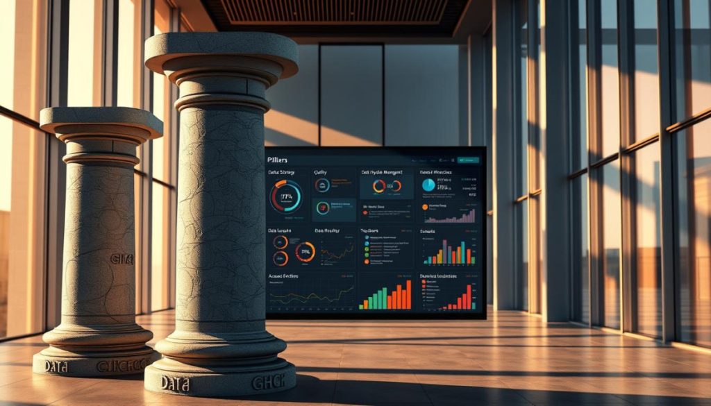 A Hyperrealistic Image Depicting The Pillars And Best Practices Of Data Governance. In The Foreground, Three Sturdy Stone Columns Represent The Core Pillars: Data Strategy, Data Quality, And Data Security. Intricate Carvings On The Columns Illustrate Key Concepts Like Data Lifecycle Management, Access Controls, And Data Lineage. The Middle Ground Showcases A Meticulously Rendered Data Dashboard, Showcasing Visualizations Of Data Metrics And Kpis. In The Background, A Sleek, Modern Office Environment With Floor-To-Ceiling Windows Provides An Elegant Backdrop, Bathed In Warm, Directional Lighting That Casts Dramatic Shadows. The Overall Scene Conveys A Sense Of Professionalism, Technological Sophistication, And The Importance Of Robust Data Governance Practices.