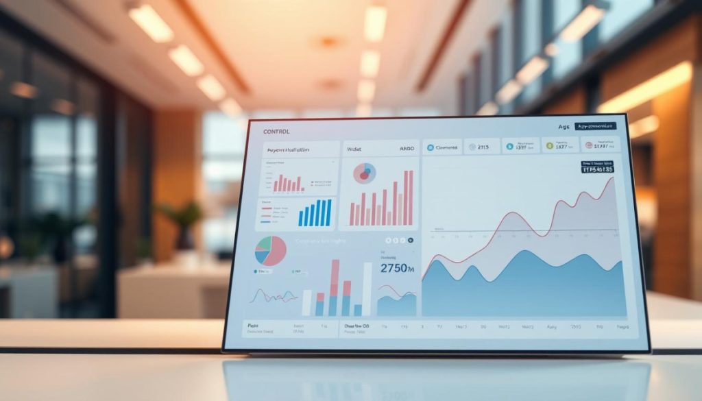 A Hyperrealistic Image Of A Dashboard Or Control Panel Displaying Various Data Visualizations And Analytics Insights. In The Foreground, A Large, High-Resolution Graph Or Chart Showcases Key Performance Metrics And Trends, Presented With A Clean, Minimalist Design. In The Middle Ground, Smaller Visualizations Such As Pie Charts, Line Graphs, And Infographics Provide Additional Context And Detailed Insights. The Background Features A Blurred, Out-Of-Focus Environment, Hinting At A Modern, Technologically Advanced Office Or Workspace. Soft, Directional Lighting Casts A Warm, Professional Glow, And The Entire Scene Is Captured With A Shallow Depth Of Field, Creating A Sense Of Focus And Emphasis On The Data-Driven Insights.