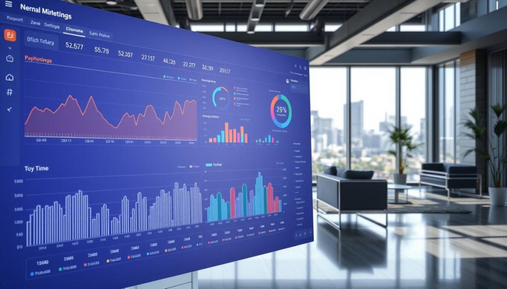 A Large Dashboard Displays An Array Of Real-Time Metrics, Including Line Graphs, Pie Charts, And Progress Bars. The Foreground Shows The Data Visualization In Intricate Detail, With Clean Lines, Vibrant Colors, And A Minimalist Aesthetic. In The Middle Ground, The Dashboard Is Situated In A Modern, Open-Concept Office, With Sleek Furniture And Large Windows Letting In Natural Light. The Background Features A City Skyline, Hinting At The Broader Context Of The Business'S Operations. The Overall Mood Is One Of Efficiency, Clarity, And A Data-Driven Approach To Optimizing Strategies And Decision-Making.