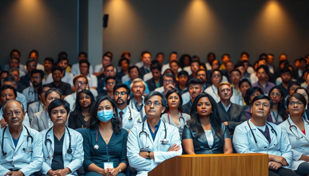 A Large, Diverse Group Of Healthcare Professionals Sit Attentively In A Modern Lecture Hall, Their Faces Illuminated By The Warm, Soft Lighting. The Audience Is Dressed In A Mix Of Business Casual And Formal Attire, Reflecting The Seriousness Of The Topic At Hand. The Speaker'S Podium Is Positioned In The Foreground, Casting A Subtle Shadow Over The Audience, Directing Their Focus Towards The Presentation. The Background Is A Clean, Minimalist Design, With A Muted Color Palette That Complements The Professional Atmosphere. The Overall Scene Conveys A Sense Of Engagement, Trust, And A Thirst For Knowledge In The Healthcare Industry.