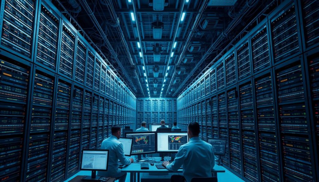 A Massive Data Center With Countless Rows Of Server Racks, The Air Humming With The Constant Whirr Of Cooling Fans. In The Foreground, A Team Of Data Scientists And Engineers Pore Over Complex Dashboards, Analyzing Trends And Patterns In The Vast Sea Of Information. The Lighting Is Cool And Clinical, Casting Long Shadows Across The Expansive Space. The Camera Angle Is Slightly Elevated, Capturing The Scale And Complexity Of The Operation. The Overall Mood Is One Of Intense Focus And Precision, As The Team Works Tirelessly To Harness The Power Of Big Data And Transform It Into Valuable Insights.