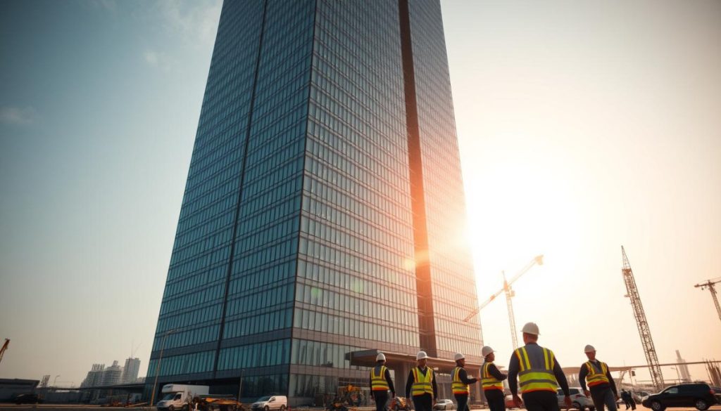 A Massive, Gleaming High-Rise Office Building Stands Tall, Its Glass Facade Reflecting The Sun'S Rays. In The Foreground, A Group Of Construction Workers In Hard Hats And Reflective Vests Move About, Their Tools And Machinery Creating A Sense Of Progress And Productivity. The Scene Is Bathed In Warm, Golden Lighting, Conveying A Feeling Of Trust, Reliability, And Professionalism. The Overall Composition Suggests A Strong, Visually Compelling Narrative About The Construction Industry'S Ability To Build Not Just Structures, But Also Confidence And Credibility For Its Brands.