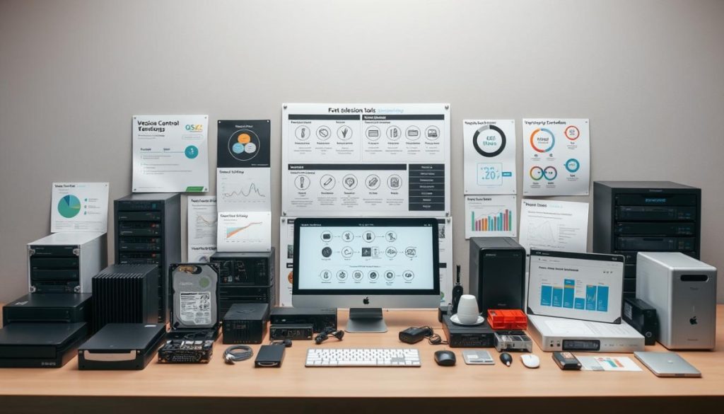 A Meticulously Arranged Table Showcases An Assortment Of Data Versioning Tools, Each With Its Distinct Features And Capabilities. The Foreground Displays A Diverse Collection Of Hardware And Software Components, Including Hard Drives, Servers, And Cloud Storage Solutions, All Meticulously Crafted To Highlight Their Technical Specifications And Integration Capabilities. The Middle Ground Features A Series Of Detailed Infographics And Diagrams, Providing A Visual Breakdown Of The Key Selection Criteria, Such As Version Control, Collaboration, And Security Features. The Background Subtly Blends A Muted Color Palette, Creating A Sense Of Professionalism And Technical Prowess, While Strategically Placed Lighting Accentuates The Sleek, Modern Design Of The Tools, Inviting The Viewer To Explore And Discover The Perfect Data Versioning Solution For Their Business Needs.