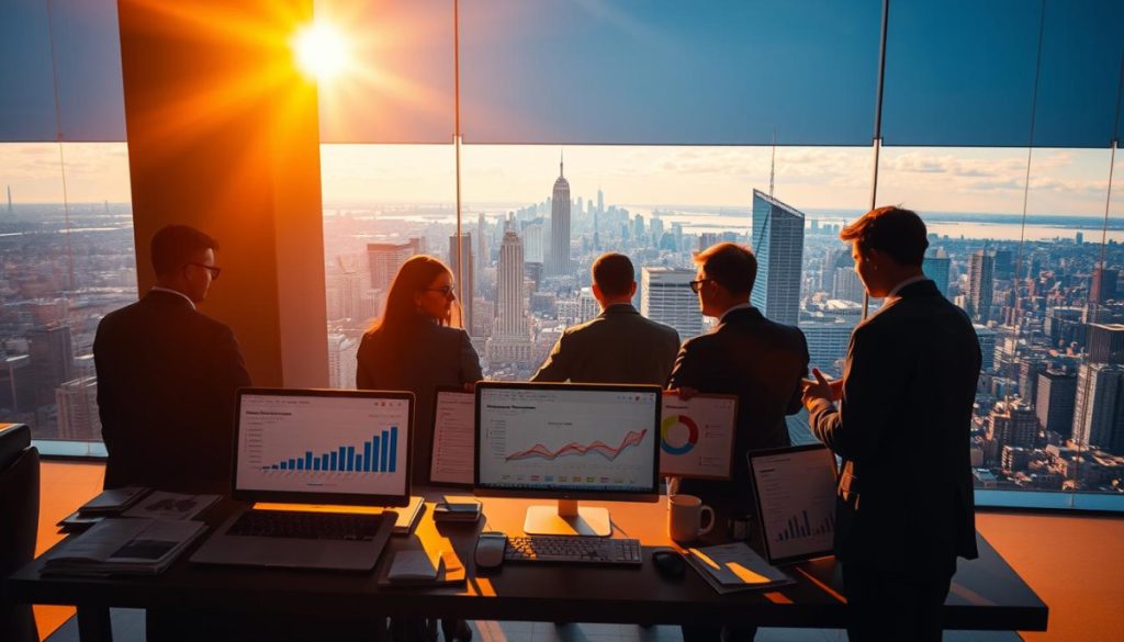 A Meticulously Crafted Digital Landscape, Bathed In Warm, Golden Light And Sharp Shadows. In The Foreground, A Carefully Assembled Arrangement Of Responsive Web Design Mockups, Analytics Dashboards, And Strategic Marketing Collaterals, All Harmoniously Integrated. The Middle Ground Features A Team Of Digital Experts Collaborating, Their Faces Obscured, Focused On Their Screens. In The Background, A Panoramic View Of A Dynamic City Skyline, Symbolizing The Ever-Evolving Digital Realm. The Overall Atmosphere Conveys A Sense Of Precision, Expertise, And The Seamless Integration Of Data-Driven Strategies To Transform A Brand'S Online Presence.
