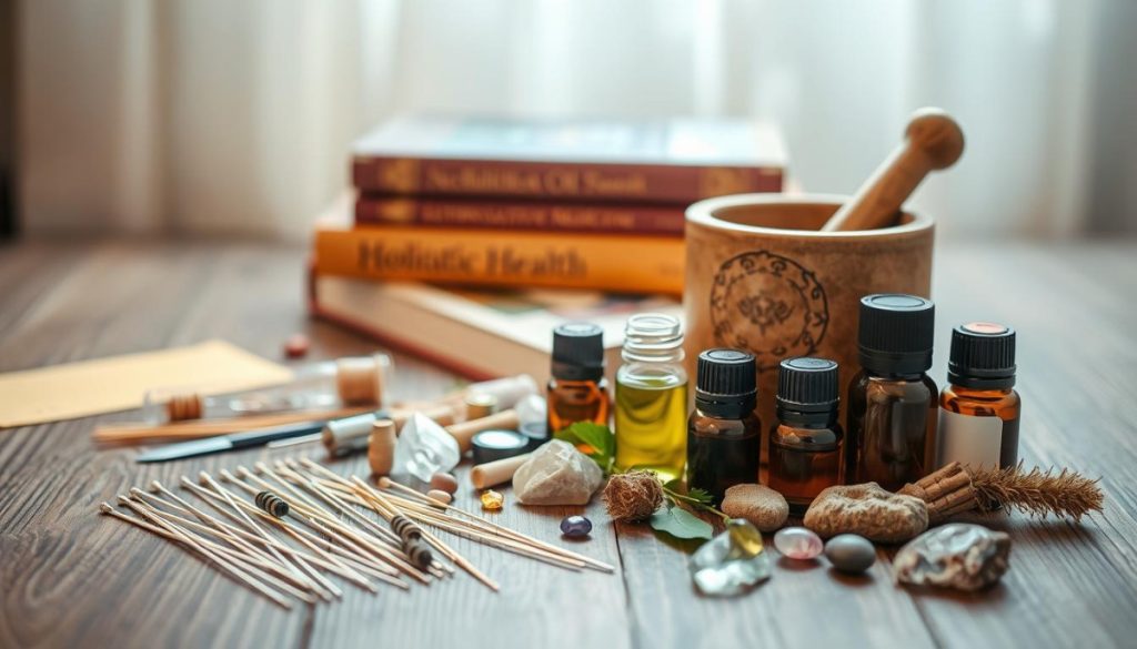 A Meticulously Crafted Still Life Photograph On A Wooden Table. In The Foreground, An Array Of Complementary Alternative Medicine Items - Various Herbal Remedies, Acupuncture Needles, Crystals, And Essential Oils. The Middle Ground Features A Mortar And Pestle, Along With A Book On Holistic Health Practices. The Background Is Softly Lit, Creating A Warm, Serene Atmosphere That Evokes A Sense Of Mindfulness And Balance. The Lighting Is Natural, With Soft Shadows And Highlights Subtly Emphasizing The Textures And Colors Of The Scene. The Perspective Is Slightly Elevated, Giving The Viewer An Intimate, Contemplative View Of The Alternative Medicine Setup.
