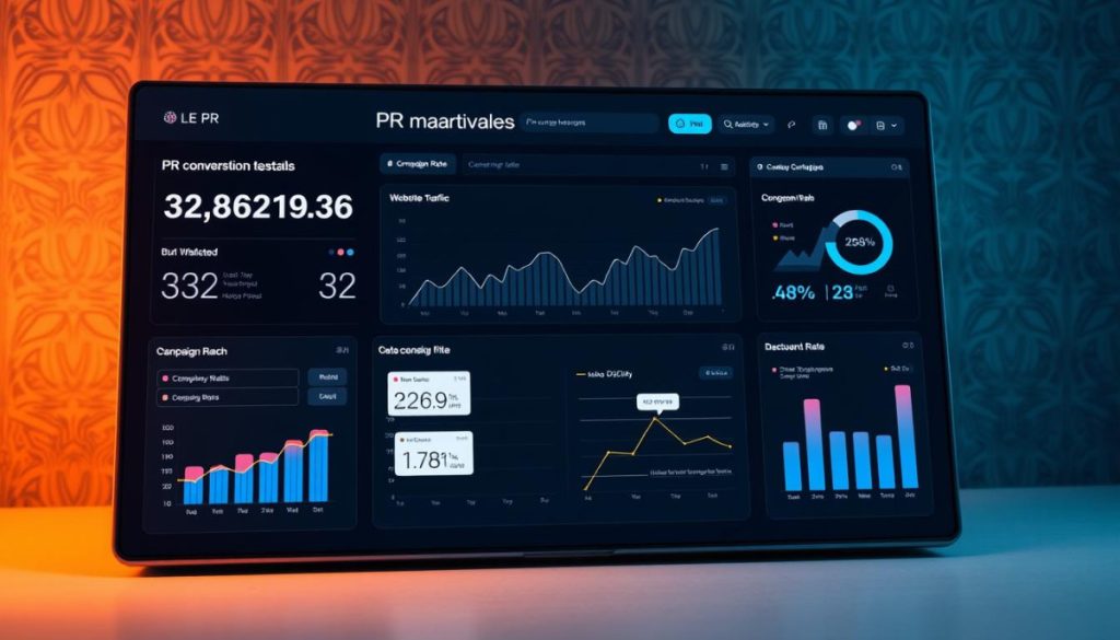 A Meticulously Designed Pr Conversion Rate Dashboard, Presented On A Sleek, Modern Interface. The Dashboard Features A Clean, Minimalist Layout With A Dark Color Scheme, Illuminated By Warm, Directional Lighting That Casts Subtle Shadows, Enhancing The Depth And Clarity Of The Data Visualizations. In The Foreground, A Series Of Interactive Charts And Graphs Display Key Engagement Metrics Such As Website Traffic, Social Media Engagement, And Campaign Reach, All Presented With A Refined, Data-Driven Aesthetic. The Middle Ground Showcases Customizable Widgets That Allow For Real-Time Monitoring Of Campaign Performance, While The Background Subtly Hints At The Broader Context Of The Pr Efforts, With A Muted, Patterned Backdrop That Complements The Overall Design. The Overall Impression Is One Of Professionalism, Precision, And A Deep Understanding Of The Importance Of Meaningful Engagement In Successful Pr Campaigns.