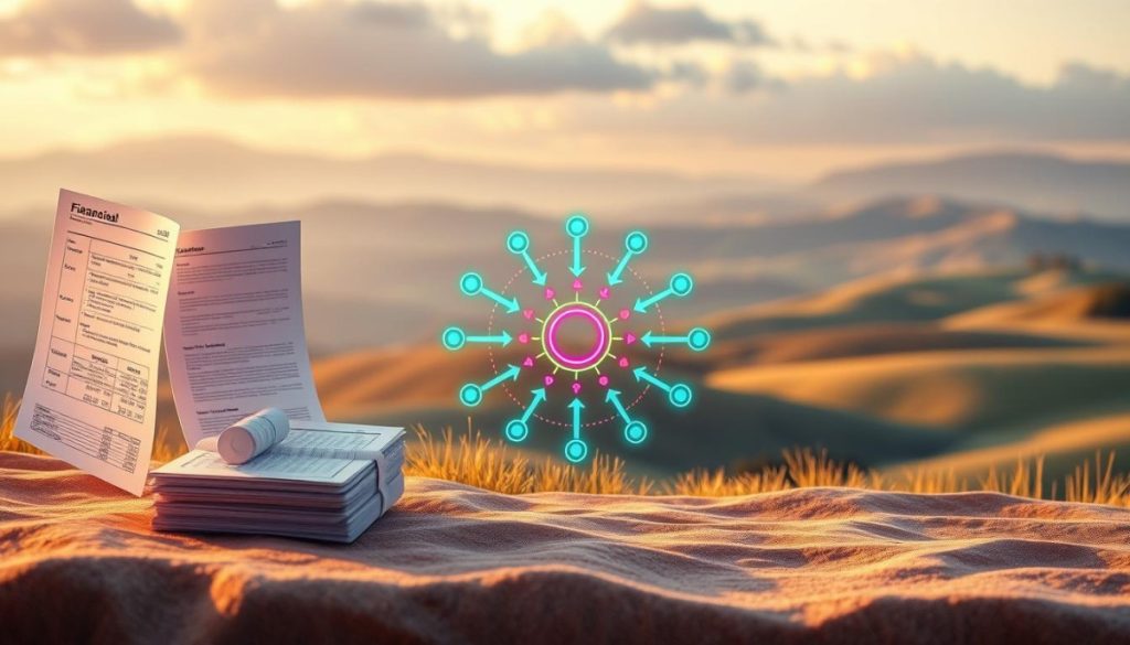 A Meticulously Detailed, Hyperrealistic Visual Journey Exploring The Fundamental Cash Flow Types That Sustain Financial Well-Being. In The Foreground, A Series Of Crystal-Clear, Three-Dimensional Financial Statements And Ledgers Float In A Warm, Softly-Lit Environment. The Middle Ground Showcases A Central Hub Of Interconnected Cash Flows, Represented By A Dynamic Matrix Of Arrows And Circular Nodes Pulsing With Vibrant Hues. In The Background, A Serene Landscape Of Rolling Hills And Vast Skies Sets The Stage For This Holistic Depiction Of The Lifeblood Of Fiscal Health.