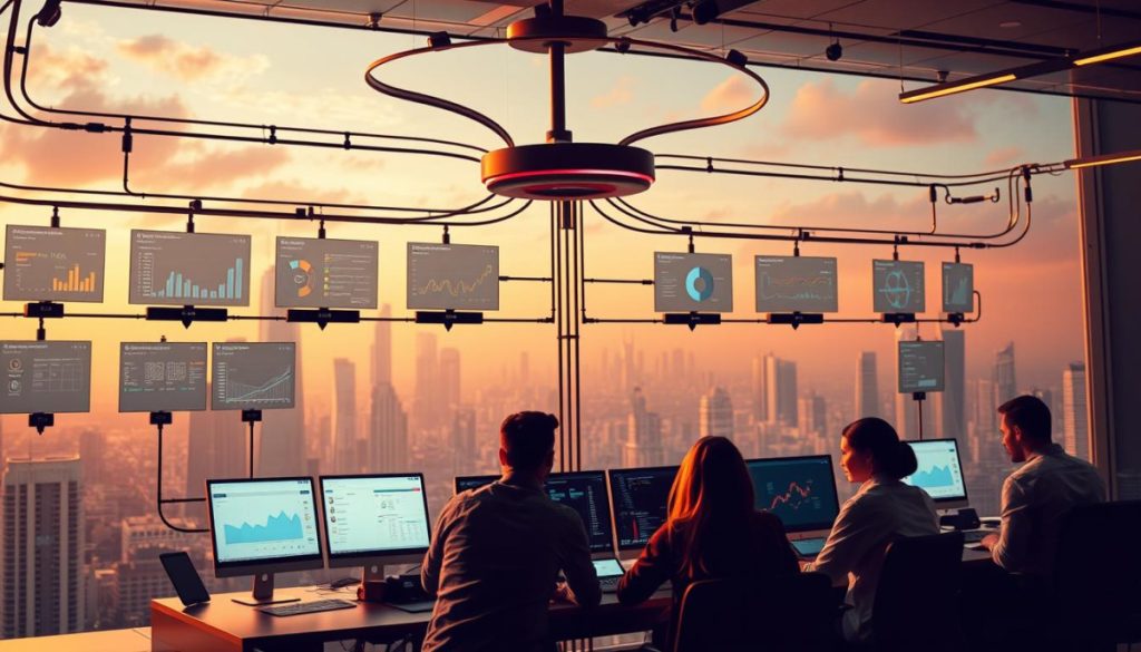 A Meticulously Organized Data Pipeline Orchestration System, With A Central Command Hub Overseeing The Seamless Flow Of Information. Sleek, Minimalist Interfaces Display Real-Time Analytics, Customizable Dashboards, And Intuitive Workflow Management Tools. In The Foreground, A Team Of Data Engineers Collaborate Using State-Of-The-Art Collaboration Software, Their Workspace Bathed In Warm, Focused Lighting. The Background Features A Futuristic Cityscape, Symbolizing The Growth And Expansion Enabled By Optimized Data Pipelines. The Scene Exudes A Sense Of Efficiency, Control, And Strategic Foresight - Key Elements Of Successful Data Pipeline Orchestration.