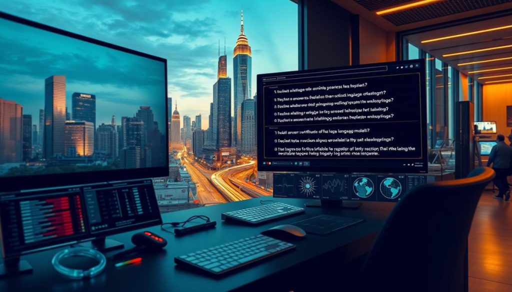 A Modern Ai Workstation, Its Sleek Display Showing A Series Of Verifiable Answers Generated By A Large Language Model. The Foreground Features Detailed Data Visualizations And Analysis Tools, Conveying A Sense Of Transparency And Reliability. The Middle Ground Showcases The Model'S Inner Workings, With Neural Network Diagrams And Diagnostic Dashboards. In The Background, A Cityscape Of Gleaming Skyscrapers And Bustling Streets, Symbolizing The Real-World Applications And Impact Of These Ai Systems. Warm, Directional Lighting Illuminates The Scene, Creating A Sense Of Authority And Professionalism. The Overall Mood Is One Of Trust, Accuracy, And Technological Progress.