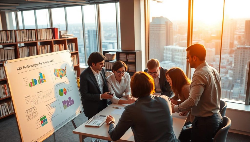 A Modern And Vibrant Corporate Office Setting, With A Bright And Airy Atmosphere. In The Foreground, A Large Whiteboard Displays Colorful Diagrams And Charts, Illustrating Key Pr Strategies For Brand Growth. Executives Huddle Around The Table, Engaged In A Lively Discussion, Their Expressions Reflecting Deep Thought And Collaboration. The Middle Ground Features Shelves Filled With Reference Materials And Industry Publications, Hinting At The Wealth Of Research And Knowledge Informing The Team'S Approach. In The Background, Floor-To-Ceiling Windows Offer A Panoramic View Of A Bustling Cityscape, Symbolizing The Wider Economic Trends That Influence The Brand'S Strategies. Warm, Directional Lighting Casts A Professional, Yet Inviting Glow Over The Scene, Creating A Sense Of Productivity And Forward Momentum.