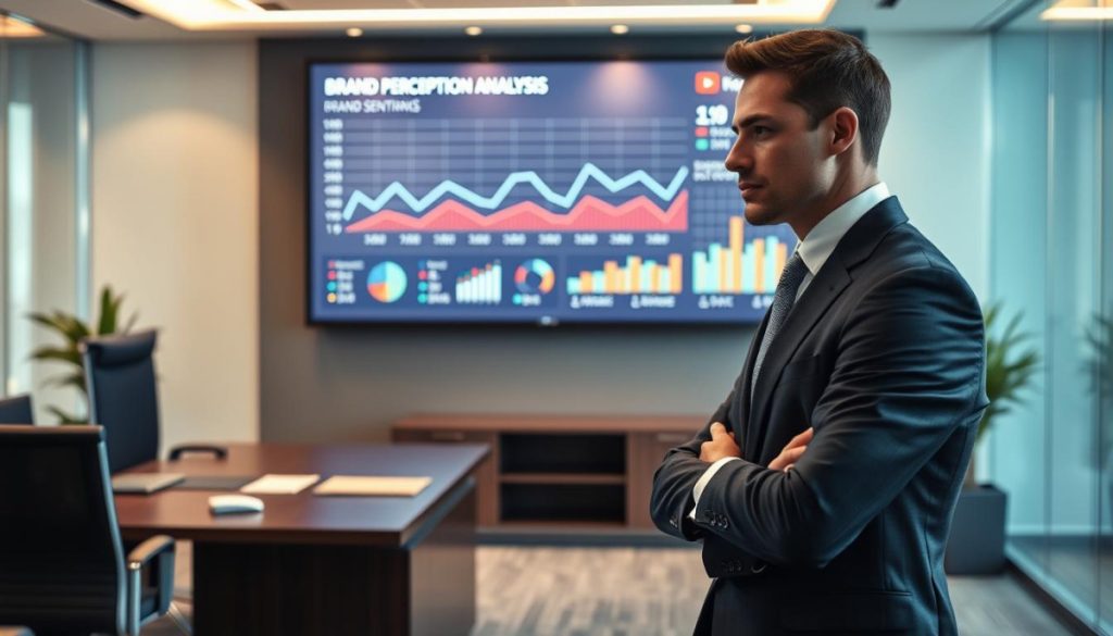 A Modern Corporate Office Interior With An Executive Desk And A Large Wall Display Showcasing A Brand Perception Analysis Infographic. The Infographic Features A Detailed Line Graph Tracking Changes In Brand Sentiment Over Time, Accompanied By Supporting Data Visualizations. The Display Is Illuminated By Soft, Warm Lighting, Creating A Professional And Analytical Atmosphere. In The Foreground, A Thoughtful Executive In A Tailored Suit Examines The Data, Considering The Implications For Their Brand'S Strategy. The Scene Conveys The Importance Of Understanding And Monitoring Brand Perception To Make Informed Decisions.