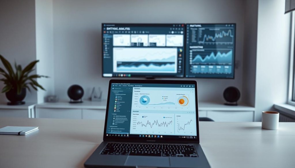 A Modern Data Analysis Workspace With A Sleek, Minimalist Design. In The Foreground, A Laptop Displays A Natural Language Processing Dashboard, Its User Interface Showcasing Interactive Visualizations And Sentiment Analysis Tools. The Middle Ground Features A Series Of Interconnected Screens, Each Displaying Different Stages Of The Nlp Workflow - From Data Ingestion To Model Training And Deployment. In The Background, A Large Monitor Presents A Comprehensive Overview Of Brand Sentiment Trends, Using A Combination Of Line Graphs, Word Clouds, And Heat Maps To Convey The Emotional Impact Of The Company'S Pr Efforts. The Lighting Is Soft And Diffused, Creating A Serene, Focused Atmosphere Ideal For Deep Data Exploration And Insights Generation. A Modern Data Analysis Workspace With A Sleek, Minimalist Design. In The Foreground, A Laptop Displays A Natural Language Processing Dashboard, Its User Interface Showcasing Interactive Visualizations And Sentiment Analysis Tools. The Middle Ground Features A Series Of Interconnected Screens, Each Displaying Different Stages Of The Nlp Workflow - From Data Ingestion To Model Training And Deployment. In The Background, A Large Monitor Presents A Comprehensive Overview Of Brand Sentiment Trends, Using A Combination Of Line Graphs, Word Clouds, And Heat Maps To Convey The Emotional Impact Of The Company'S Pr Efforts. The Lighting Is Soft And Diffused, Creating A Serene, Focused Atmosphere Ideal For Deep Data Exploration And Insights Generation.