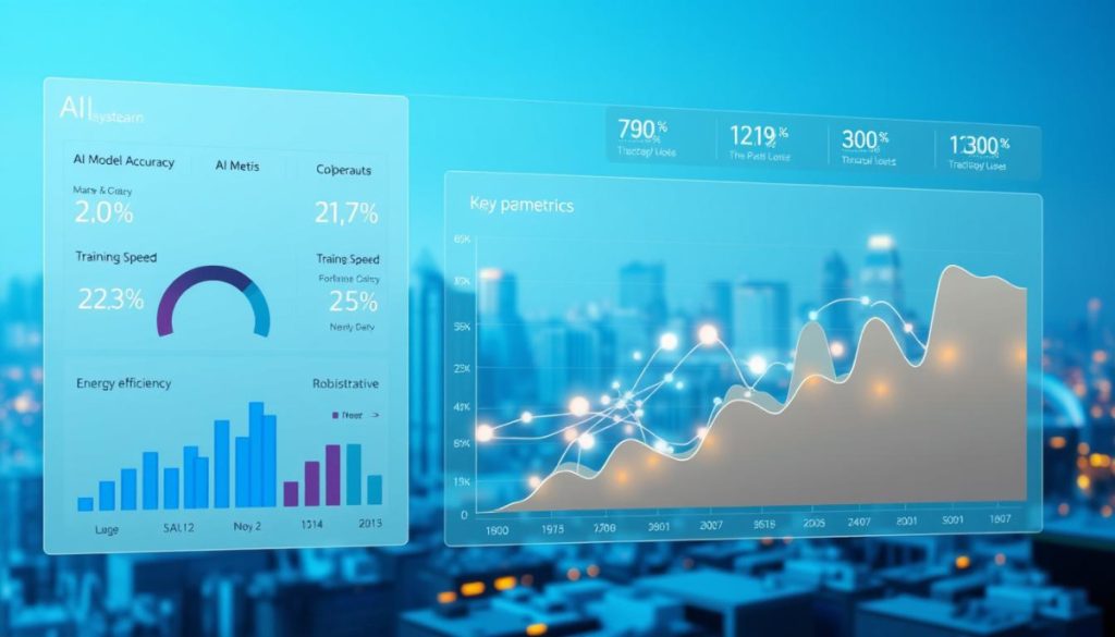 A Modern, Data-Driven Dashboard Depicting Key Performance Metrics For An Advanced Ai System. The Foreground Showcases A Sleek, Minimalist Interface With Graphical Visualizations Of Ai Model Accuracy, Training Speed, Energy Efficiency, And Robustness. The Middle Ground Features A Stylized 3D Representation Of The Ai Architecture, With Modular Components Interconnected By Glowing Data Streams. The Background Depicts A Futuristic Cityscape, Hinting At The Real-World Applications And Societal Impact Of This Cutting-Edge Technology. The Scene Is Bathed In A Cool, Blue-Tinted Lighting, Projecting An Atmosphere Of Technological Sophistication And Scientific Rigor.