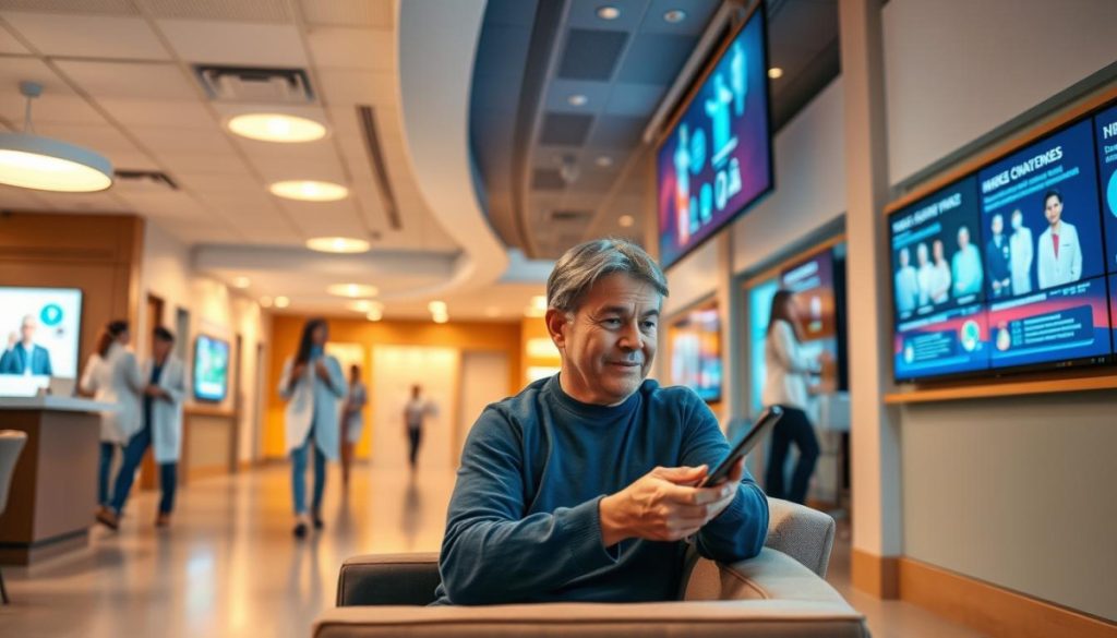 A Modern Healthcare Facility With Warm, Inviting Lighting And An Array Of Digital Displays Showcasing Relevant Health Information. In The Foreground, A Patient Sits Comfortably Interacting With A Touchscreen Interface, Their Focused Expression Conveying A Sense Of Trust And Engagement. The Middle Ground Features Medical Staff Moving Purposefully, Their Interactions With Patients Suggesting A Collaborative, Patient-Centric Approach. The Background Reveals A Clean, Well-Designed Space With Soothing Colors And Natural Elements, Creating A Calming Atmosphere That Puts The Patient At Ease. The Overall Scene Captures The Essence Of Healthcare Visual Engagement, Where Technology, Design, And Human Connection Converge To Enhance The Patient Experience.
