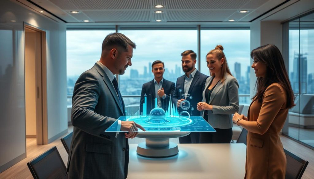 A Modern, Minimalist Digital Workspace With Large Language Models As The Centerpiece. A Sleek, Well-Lit Office Interior With Clean Lines, Neutral Tones, And Subtle Textures. Prominently Displayed In The Foreground, A State-Of-The-Art Ai Assistant Housing A Powerful Natural Language Processing Engine, Its Holographic Interface Shimmering With Insightful Data Visualizations. In The Middle Ground, A Team Of Professionals Collaborating Seamlessly, Their Expressions Conveying A Sense Of Empowerment And Intellectual Curiosity. The Background Reveals A Panoramic City Skyline, Symbolizing The Global Reach And Transformative Potential Of These Cognitive Ai Solutions.
