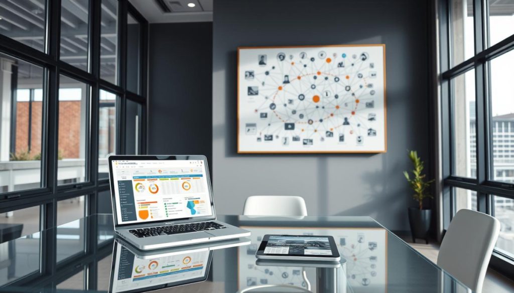 A Modern, Minimalist Office Interior With Large Windows And Ample Natural Light. On A Sleek Glass Desk, A Laptop Displays A Detailed, Color-Coded Interactive Campaign Timeline. Nearby, A Tablet Showcases Infographics And Metrics Highlighting Key Performance Indicators. Hanging On The Wall, A Framed Canvas Depicts A Dynamic, Interconnected Network Of Media Outlets And Influencers. The Overall Atmosphere Conveys A Sense Of Strategic Prowess, Innovation, And Data-Driven Decision Making - The Core Elements Of A Winning Interactive Pr Campaign.